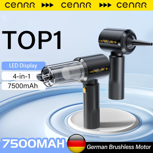 Cenrr TOP1 4-in-1 cordless vacuum cleaner shown in two angles on a light blue graphic background with text highlighting LED display, 7500mAh battery, and German brushless motor.