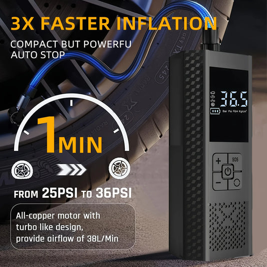•	Wireless 150PSI car tire inflator pump
•	Electric tire inflator with digital display
•	Tire inflator nozzle attachments for balls and tyres
•	Compact electric air pump for car and bike
