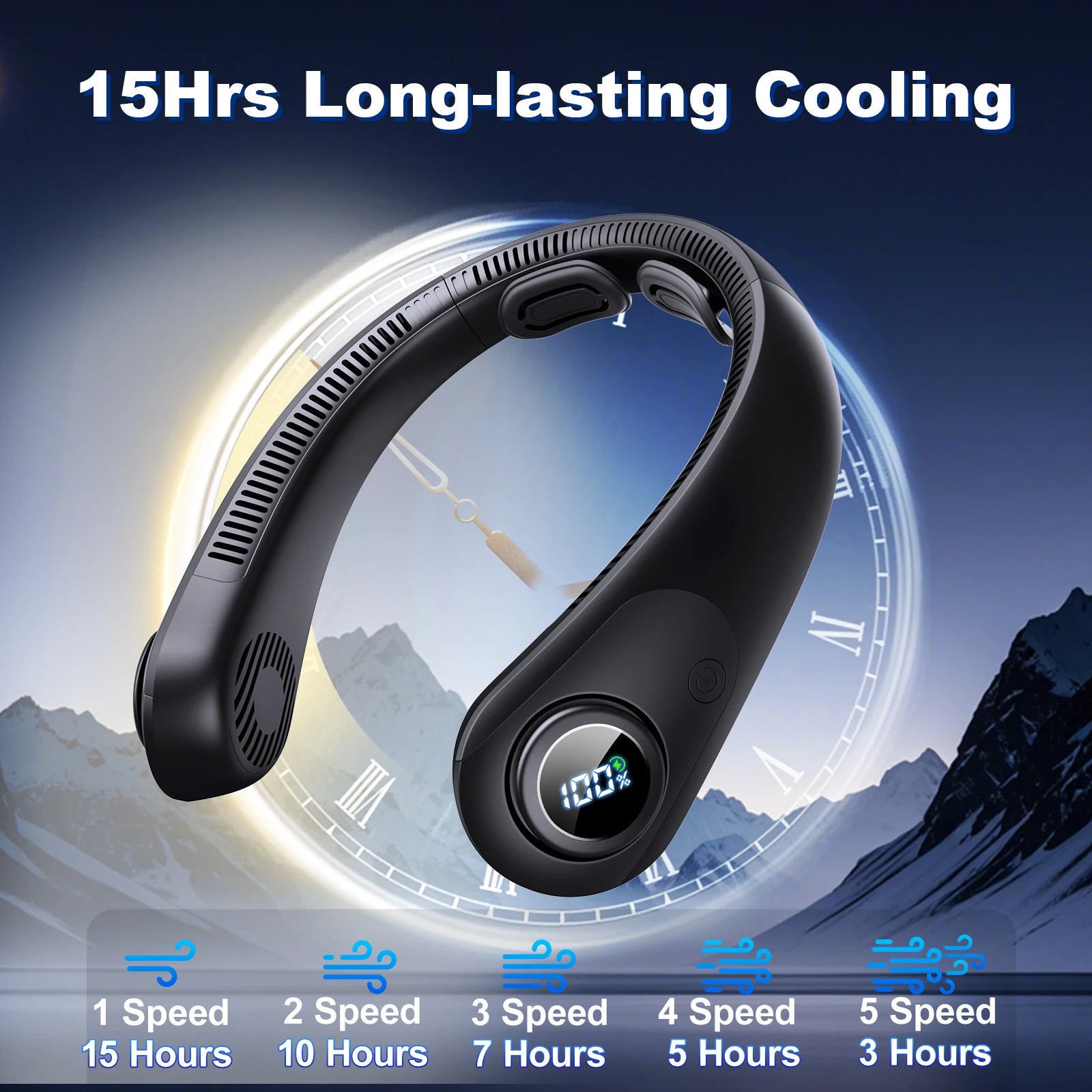 5000 mAh Portable neck fan - USB interface for charging, capacity, 5-speed settings, non-handheld bladeless design, suitable for outdoor