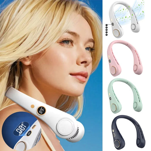 USB Hanging Neck Fan Portable Bladeless Mini Rechargeable Mute LED Digital Display Electric Air Cooler Handheld
