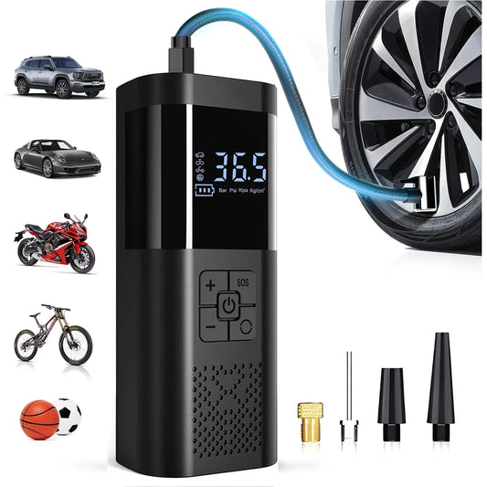 •	Portable cordless car tire inflator with digital gauge
•	150PSI tire inflator inflating a car tyre
•	Digital display on cordless tire inflator pump
•	Tire inflator pump attachments and nozzle
•	Compact cordless tire inflator stored in car boot
