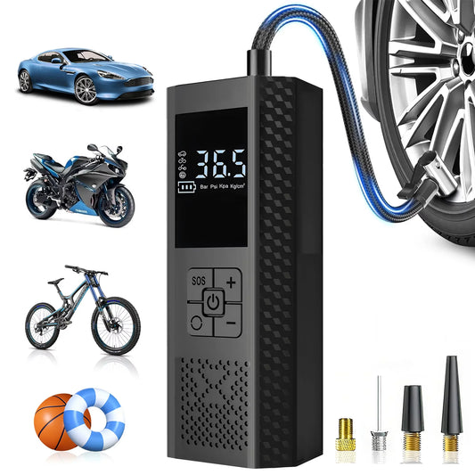 •	Wireless 150PSI car tire inflator pump
•	Electric tire inflator with digital display
•	Tire inflator nozzle attachments for balls and tyres
•	Compact electric air pump for car and bike
